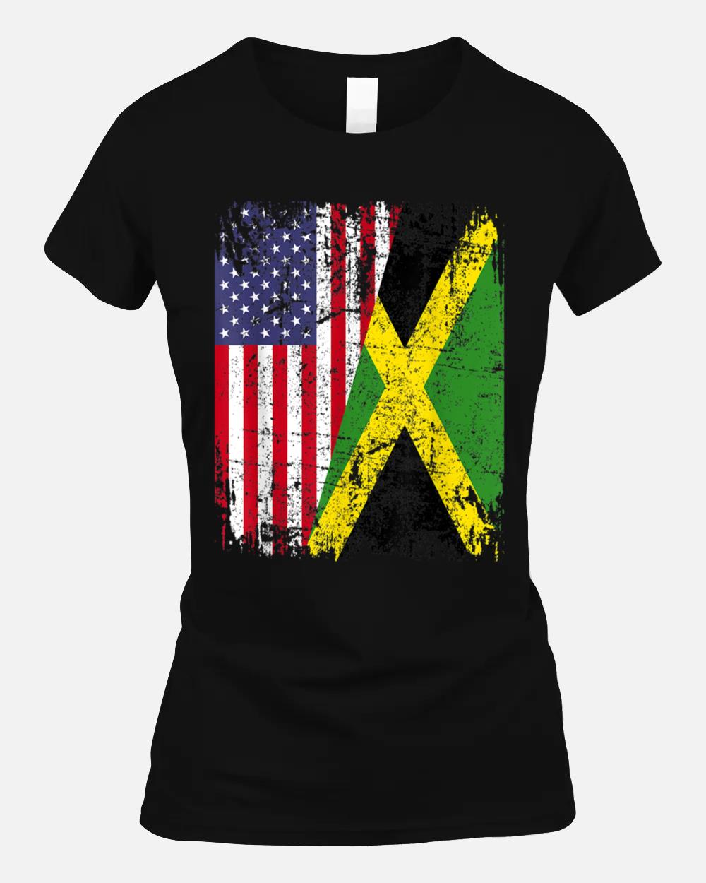 Jamaica Roots Half American Flag  USA Jamaica Flag Unisex T-Shirt