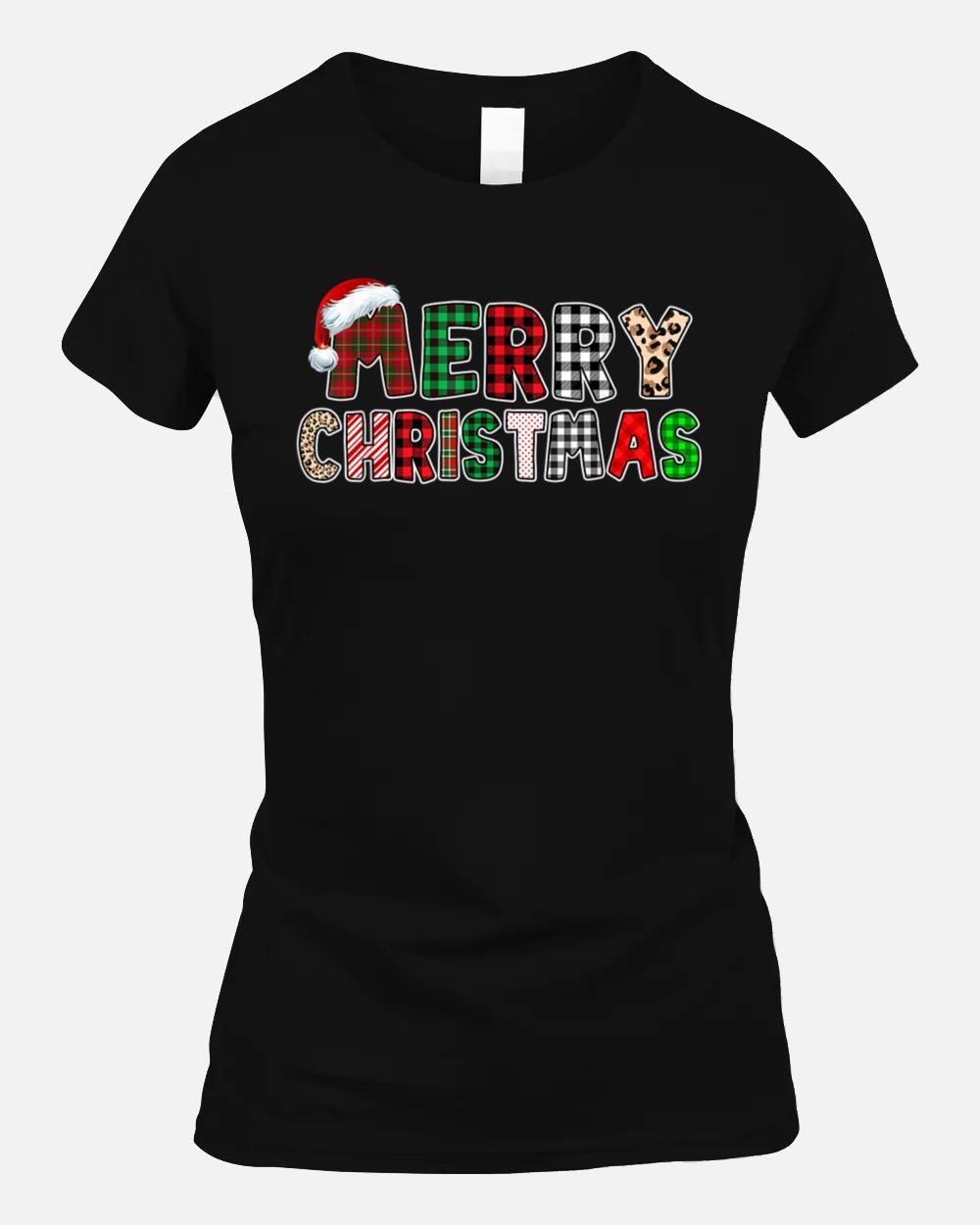 Merry Christmas Buffalo Plaid Red Green Leopard Funny Xmas Unisex T-Shirt