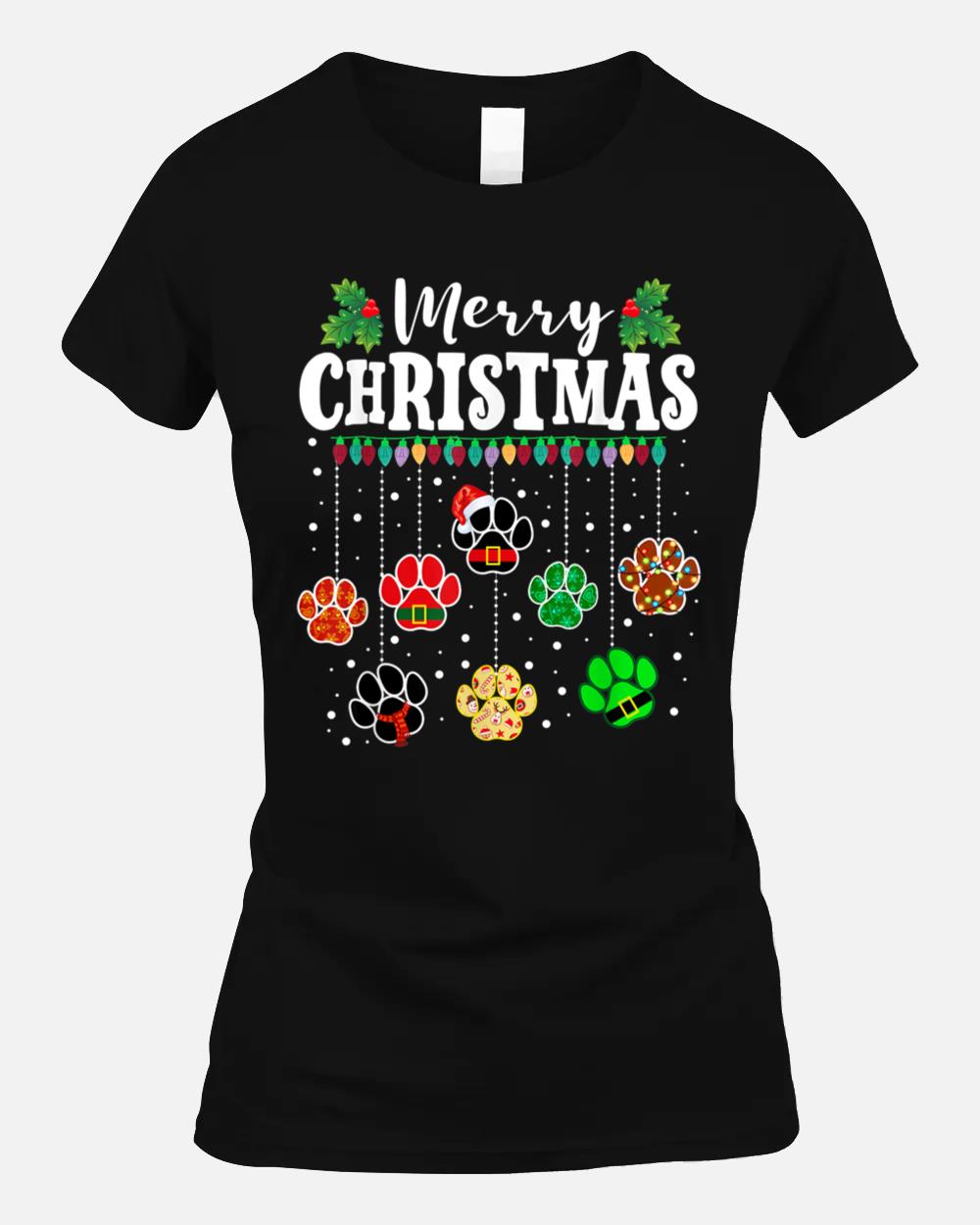 Merry Christmas Dog Paw Print Funny Xmas Light Family Pajama Unisex T-Shirt