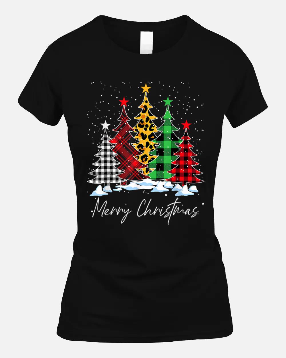 Merry Christmas Trees With Buffalo Plaid Leopard Design Unisex T-Shirt