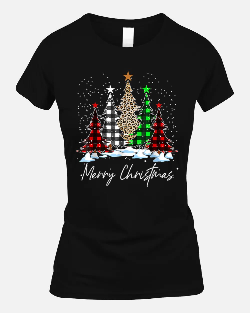 Merry Christmas Trees With Buffalo Red Plaid Leopard Design Unisex T-Shirt
