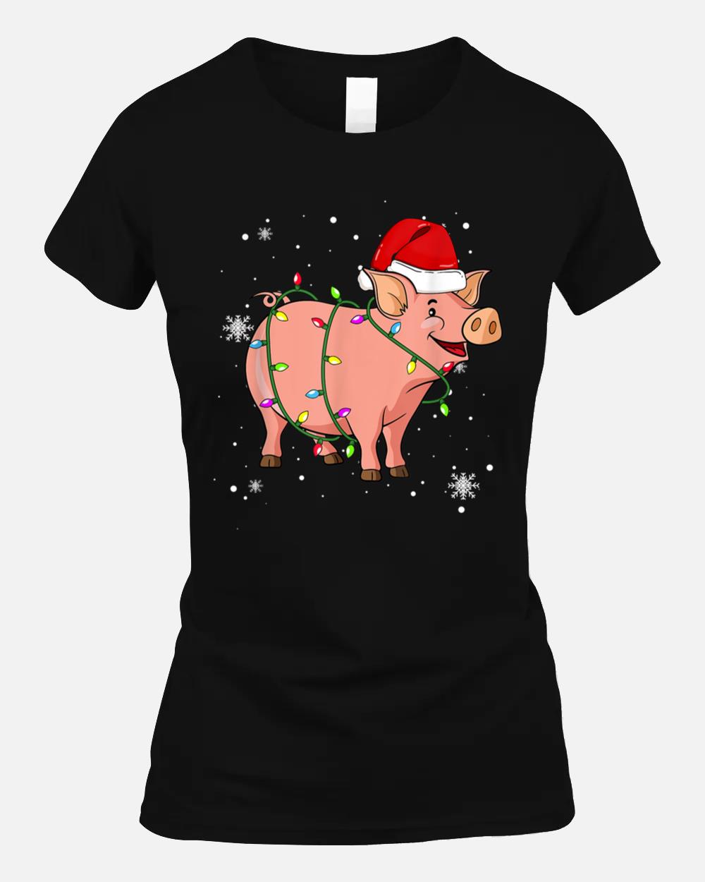 Pig Christmas Lights Led Funny Santa Hat Christmas Lover Unisex T-Shirt