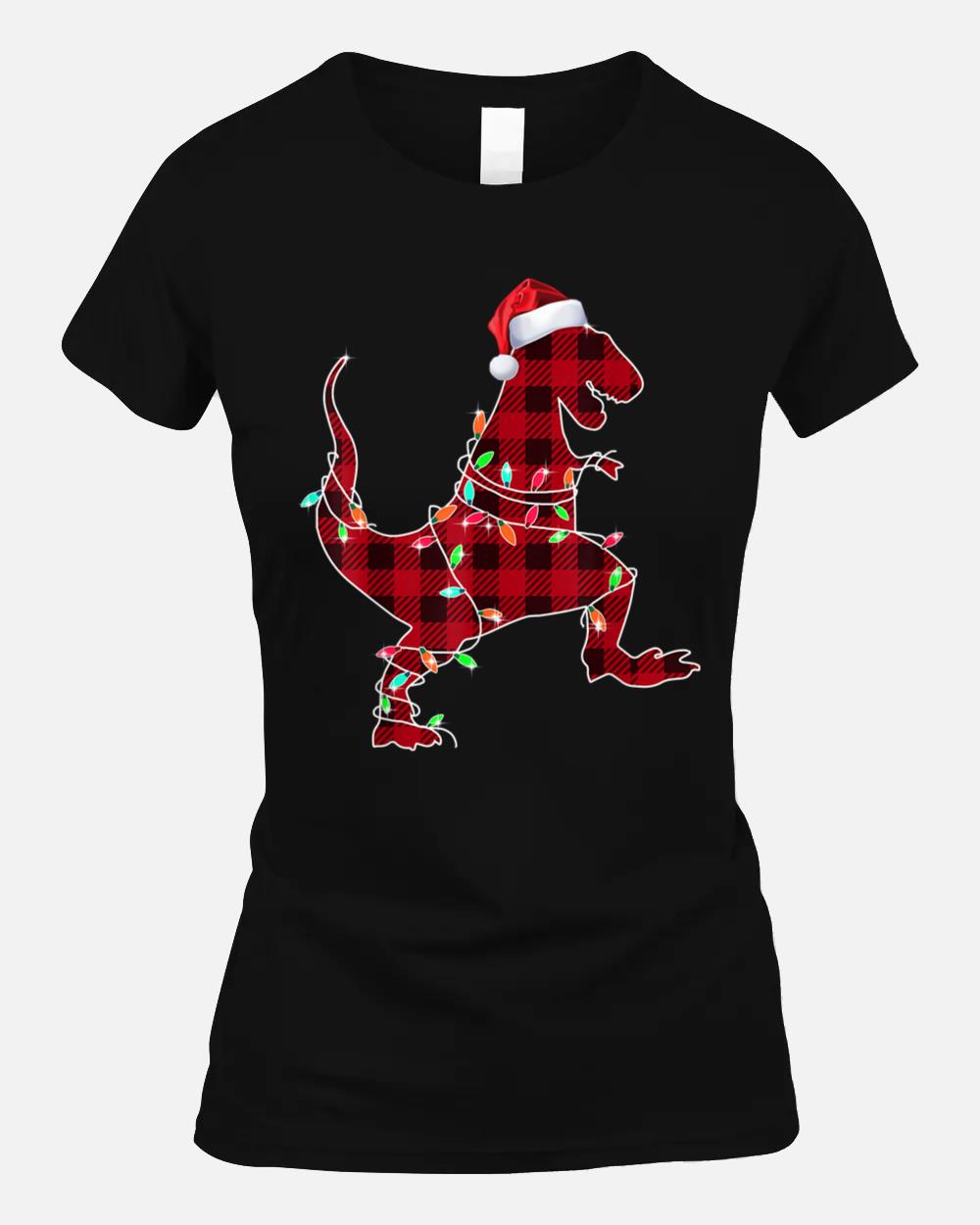 Red Plaid Dinosaur Hat Santa Christmas Lights Buffalo Family Unisex T-Shirt