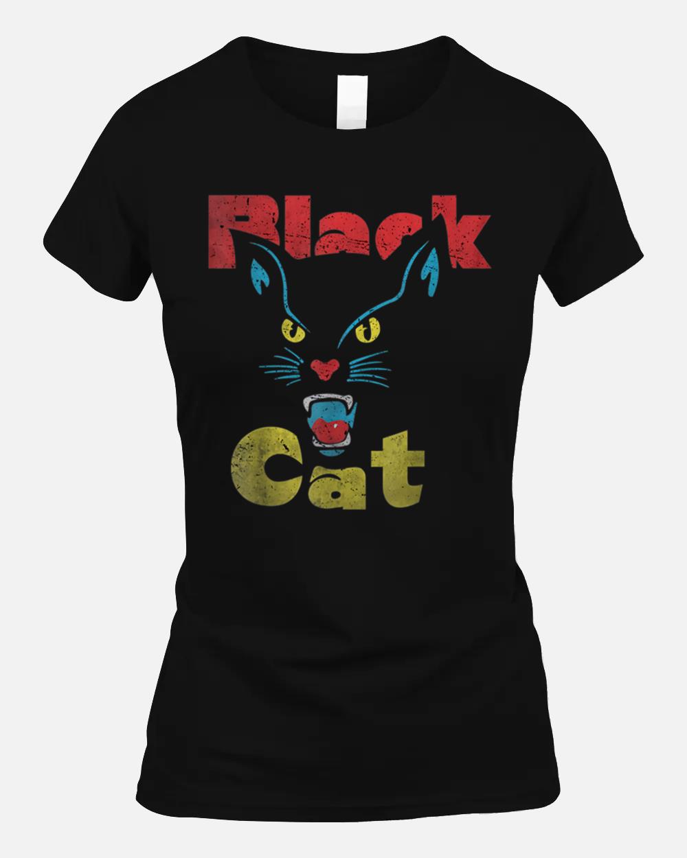Retro Black Cat Retro Fireworks Vintage Halloween 70s Unisex T-Shirt