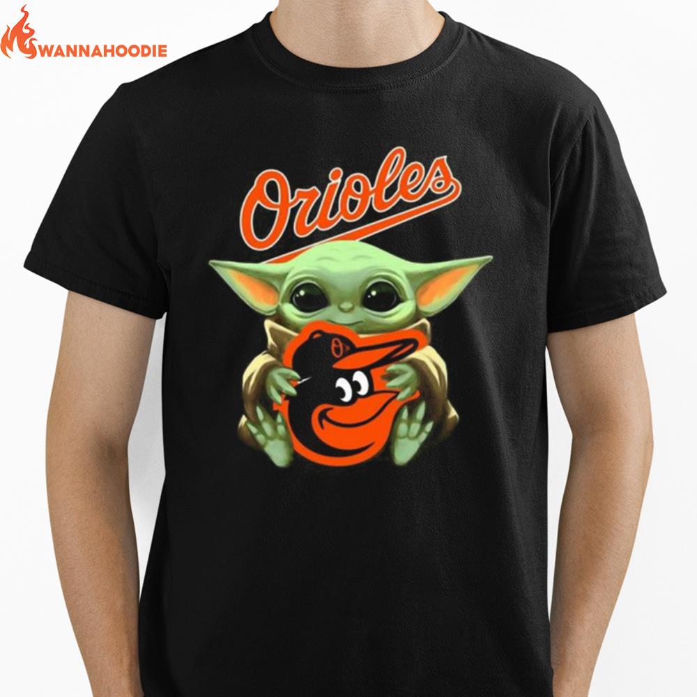 Baby Yoda Hug Baltimore Orioles Logo Unisex T-Shirt for Men Women