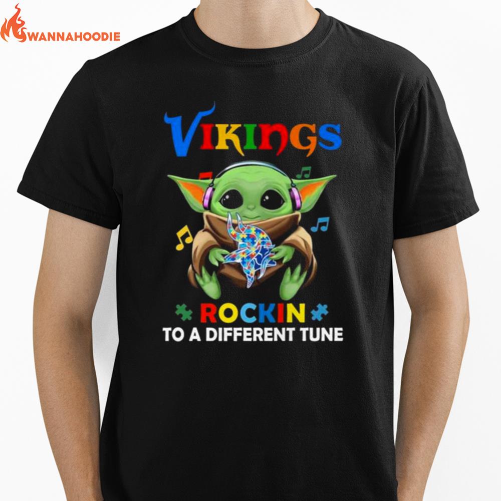 Baby Yoda Hug Minnesota Vikings Autism Rockin To A Different Tune Unisex T-Shirt for Men Women