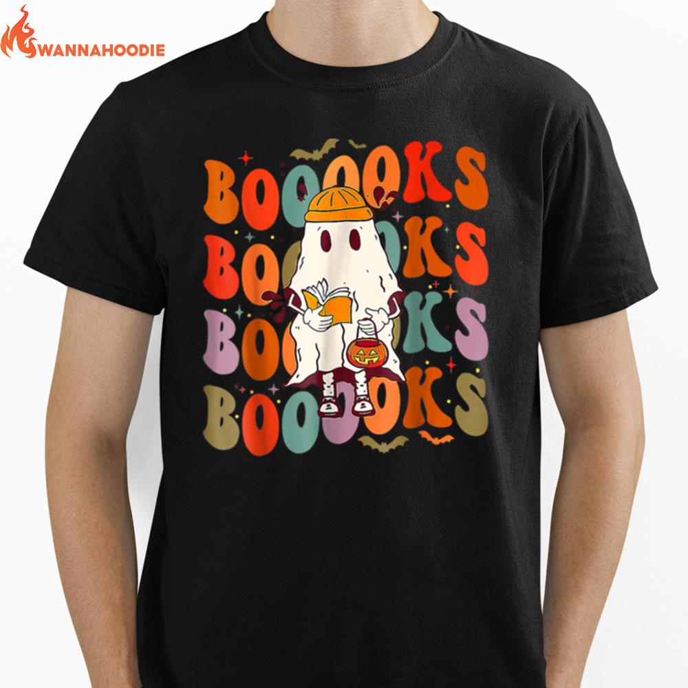 Booooks Groovy Cute Ghost Book Retro Reading Halloween Unisex T-Shirt for Men Women