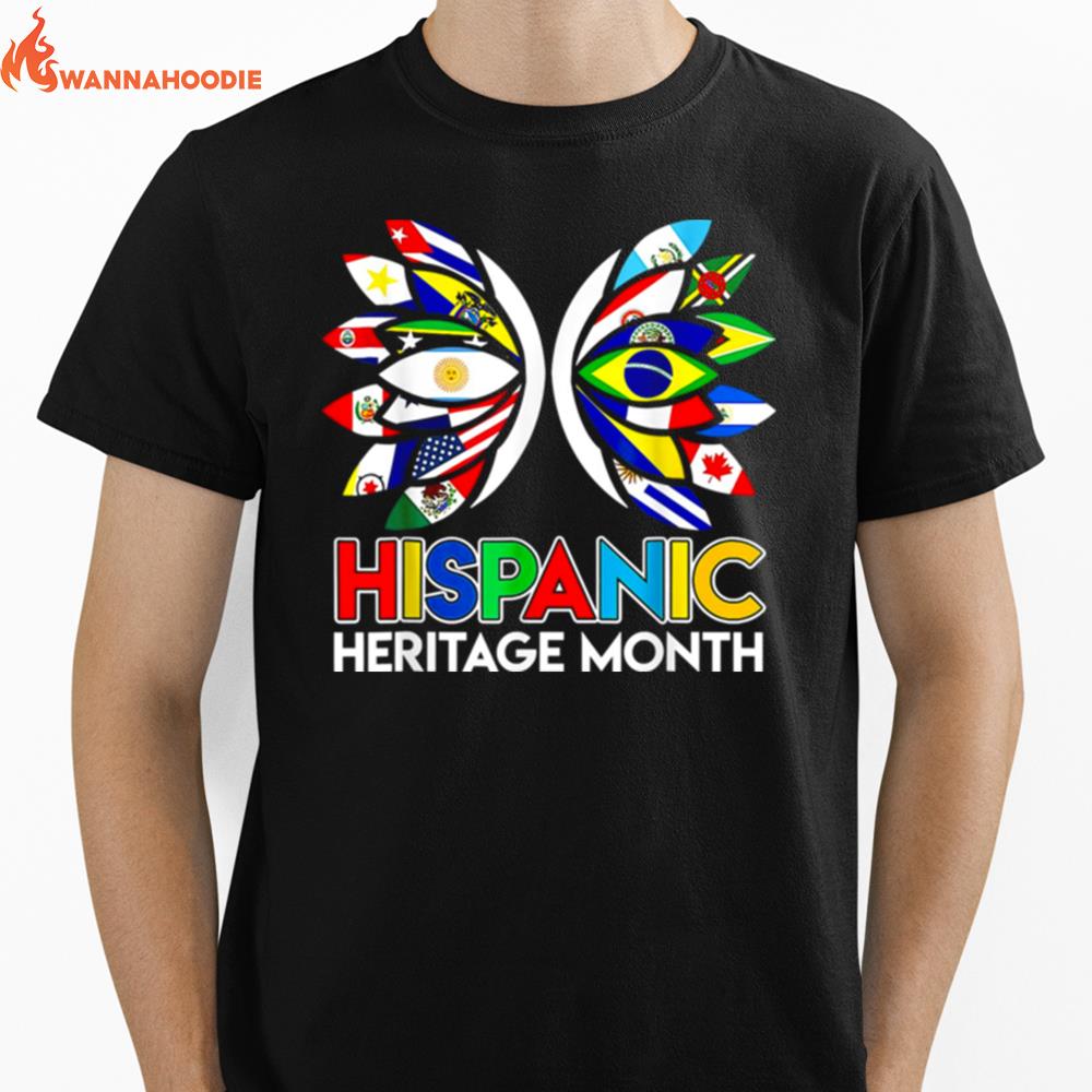 Butterfly Hispanic Heritage Month Latino All Countries Flags Unisex T-Shirt for Men Women