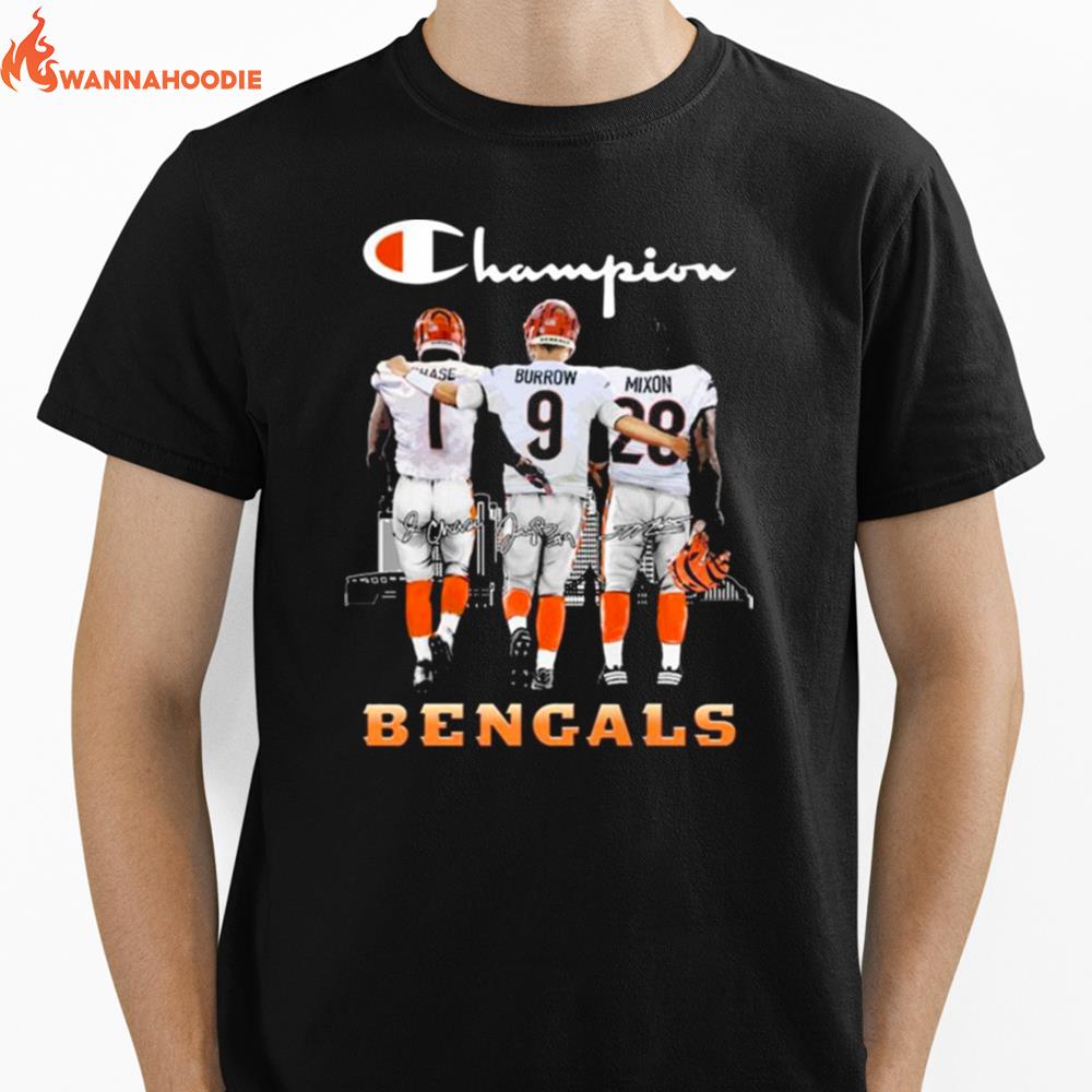 Champions Chase And Burrow And Mixon Cincinnati Bengals Signatures Unisex T-Shirt for Men Women