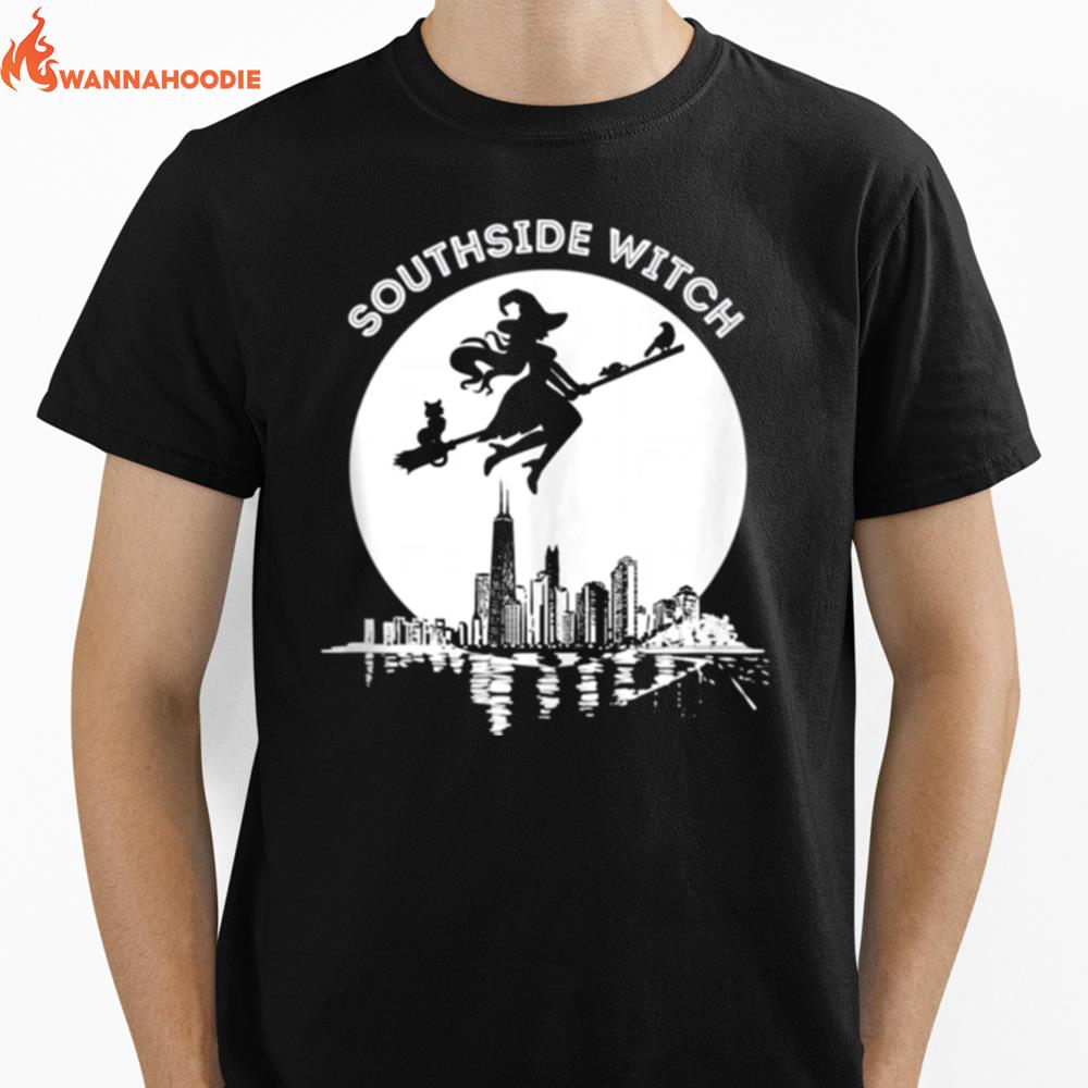 Chicago Windy City Southside Witch Flying Moonlight Skyline Unisex T-Shirt for Men Women