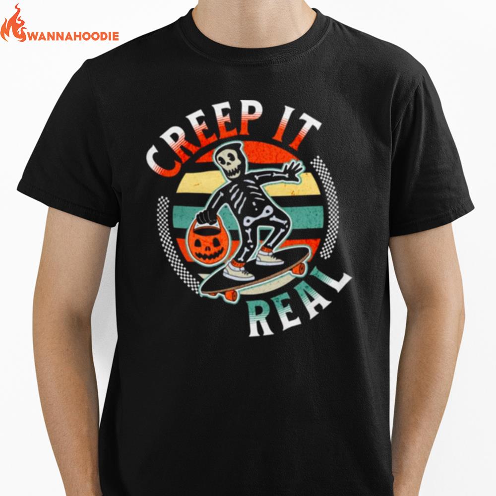 Creep It Real Vintage Spooky Skeleton Skating Unisex T-Shirt for Men Women