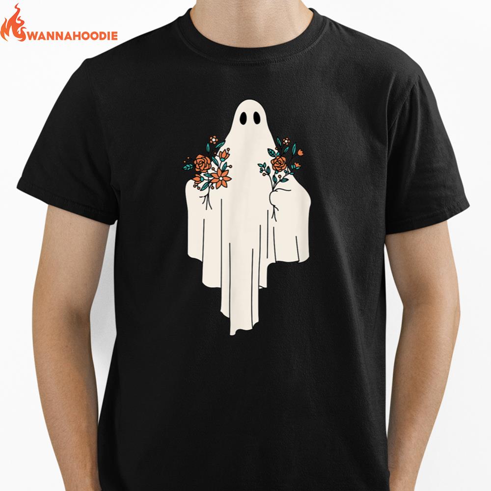 Cute Lonely Halloween Ghost With Flower Bouquet Unisex T-Shirt for Men Women