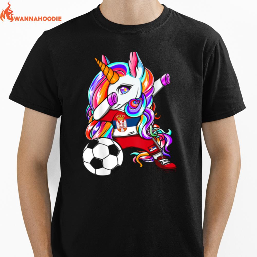 Dabbing Unicorn Serbia Soccers Jersey Serbian Football Unisex T-Shirt for Men Women