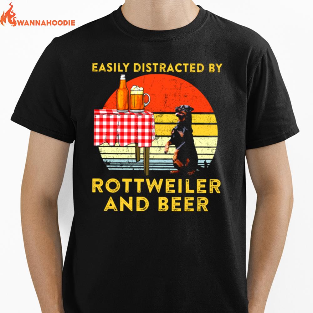 Easily Distracted By Rottweiler And Beer Vintage Unisex T-Shirt for Men Women