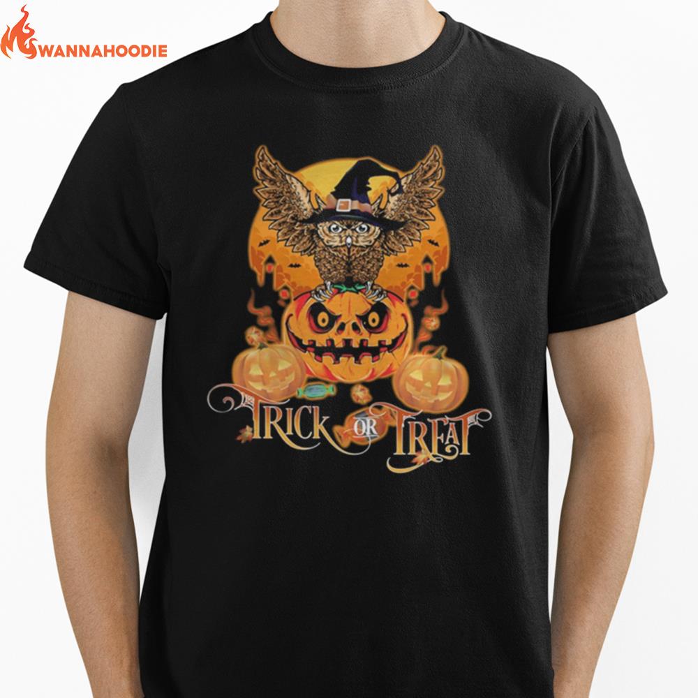 Happy Halloween Owl Witch Trick Or Treat Pumpkin Unisex T-Shirt for Men Women