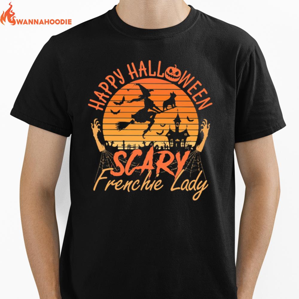 Happy Halloween Scary Frenchie Lady Witch Vintage Retro Unisex T-Shirt for Men Women