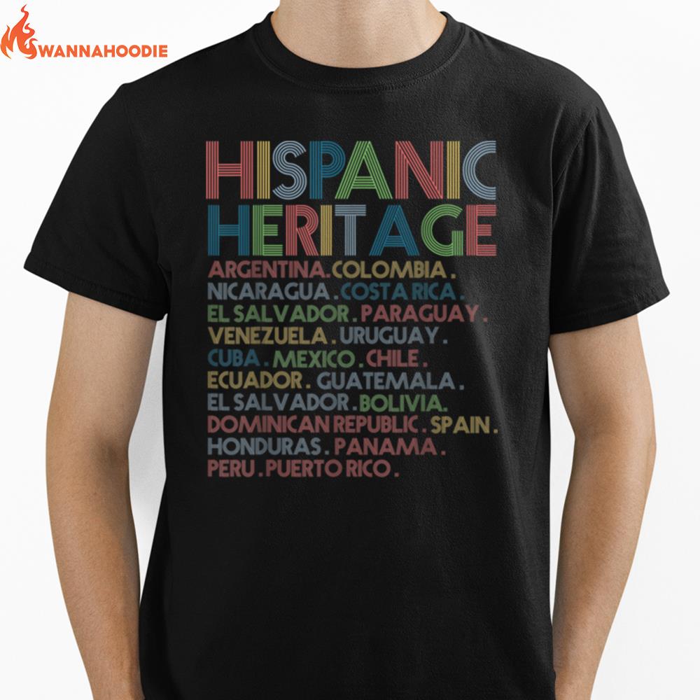 Hispanic Heritage Month Latino Countries Names Retro Vintage Unisex T-Shirt for Men Women