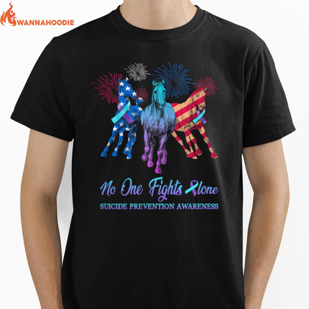 Horses No One Fights Alone Suicide Prevention Awareness American Flag Unisex T-Shirt for Men Women