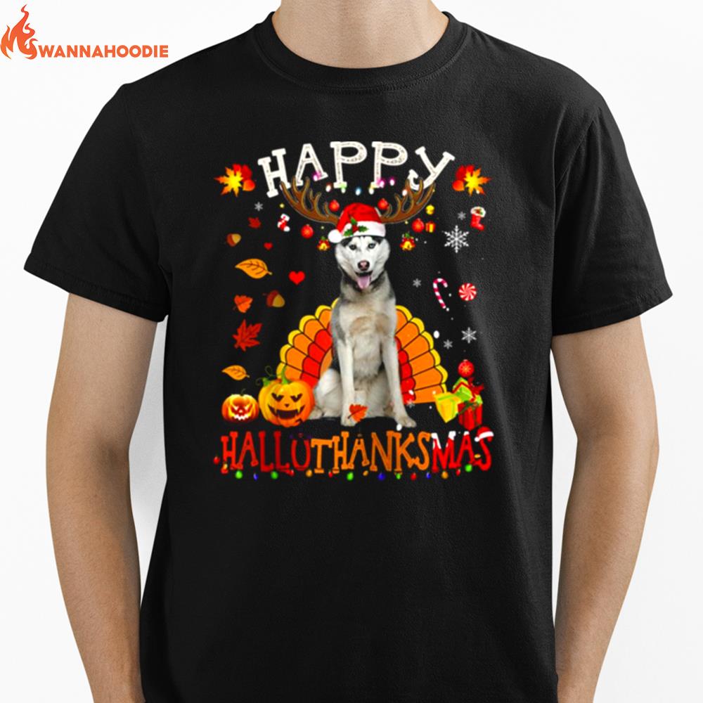 Husky Dog Happy Hallothanksmas Halloween Thanksgiving Xmas Unisex T-Shirt for Men Women