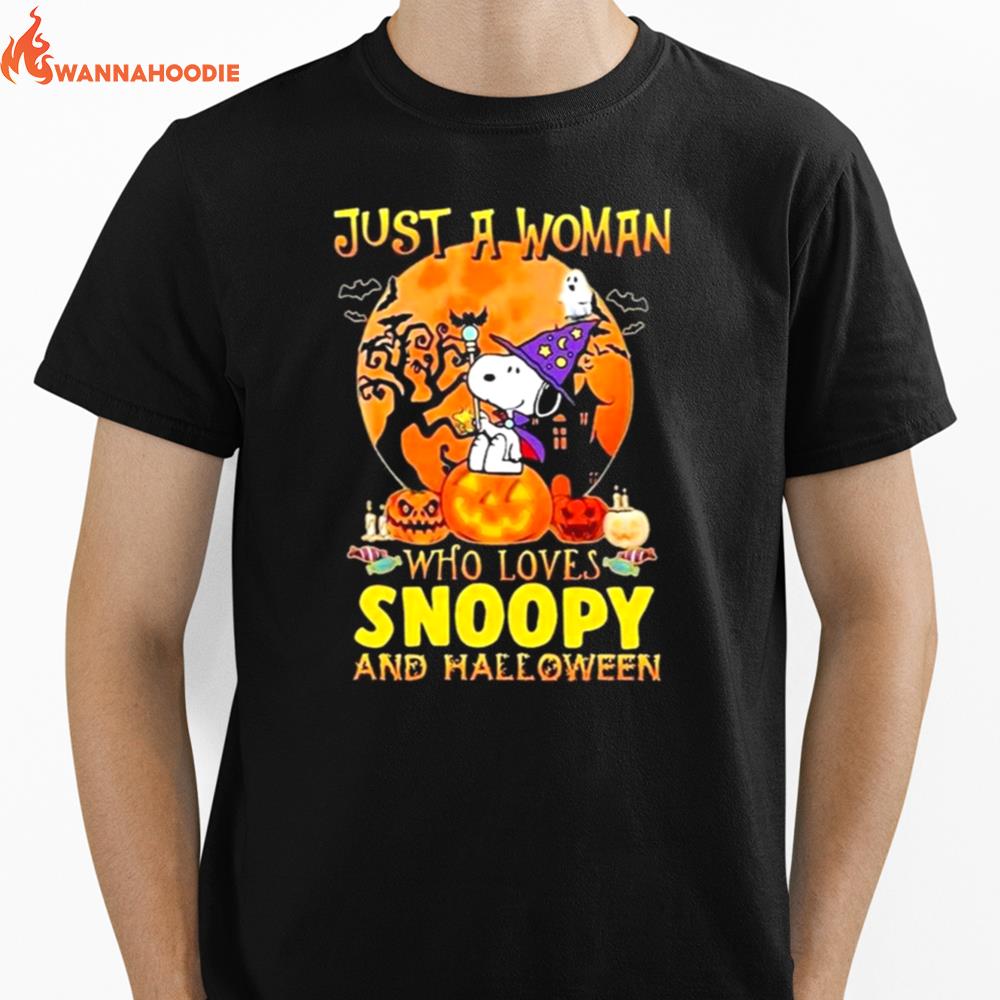 Just A Woman Who Loves Snoopy With Pumpkin And Halloween Unisex T-Shirt for Men Women