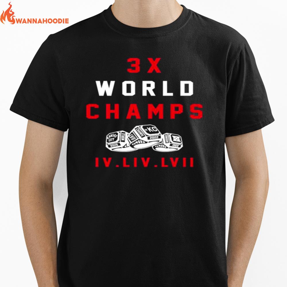 Kansas City Chiefs 3X World Champs Iv Liv Lvii Unisex T-Shirt for Men Women