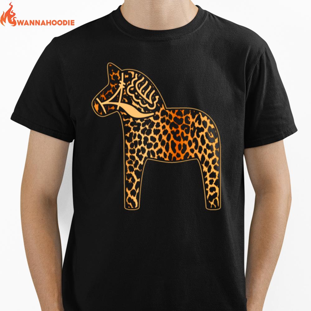 Leopard Cheetah Print Dala Horse Dalecarlian Horse Nordic Unisex T-Shirt for Men Women