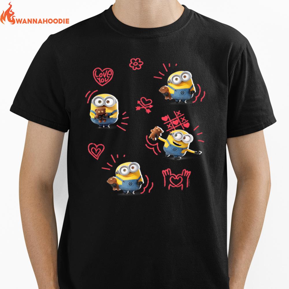 Minions Valentine'S Day Bob And Teddy Bear Jumble Unisex T-Shirt for Men Women