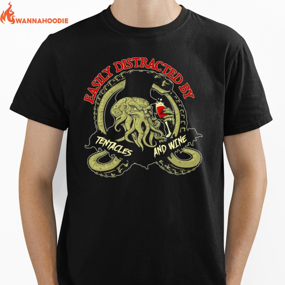 Octopus Easily Distracted By Tentacles And Wine Unisex T-Shirt for Men Women