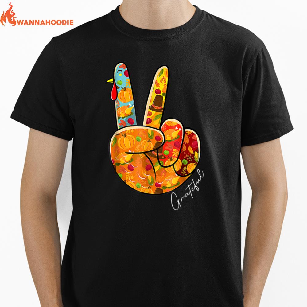 Peace Sign Grateful Turkey Hand Thanksgiving Hippie Costume Unisex T-Shirt for Men Women