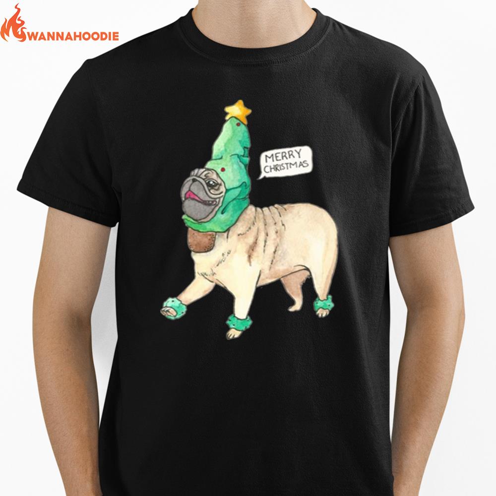 Pine Tree Hat Merry Pug Christmas Unisex T-Shirt for Men Women