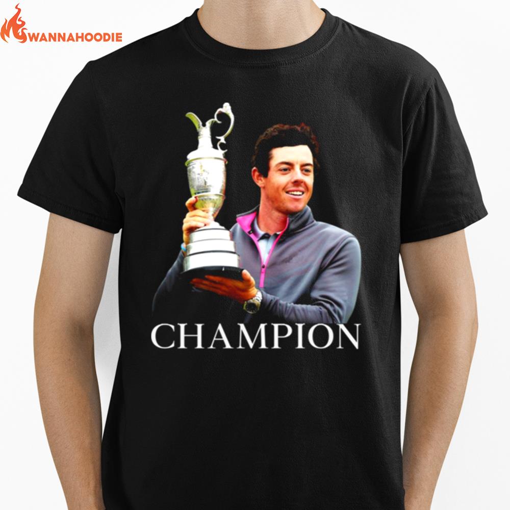 Rory Mcilroy The Open Champion White Text On Black Unisex T-Shirt for Men Women