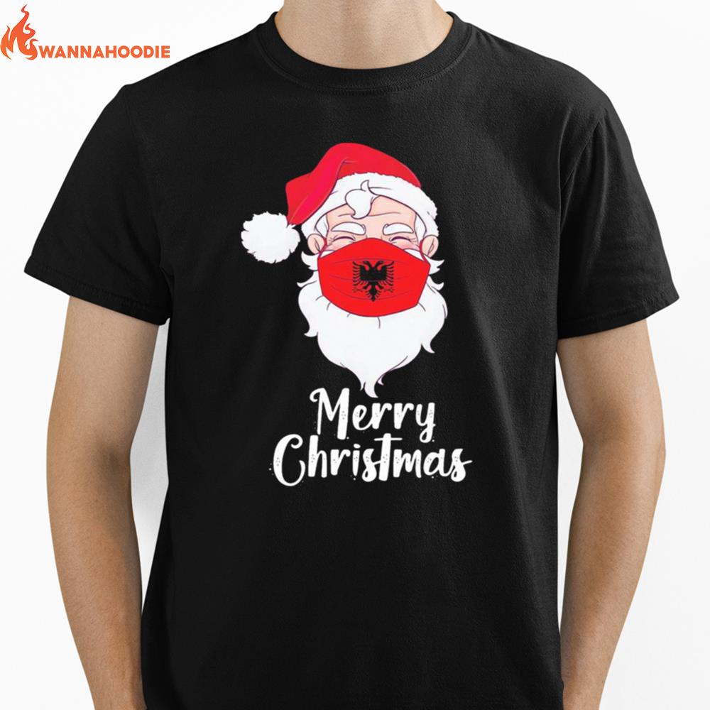 Santa Claus Face Mask Albania Flag Merry Christmas Unisex T-Shirt for Men Women