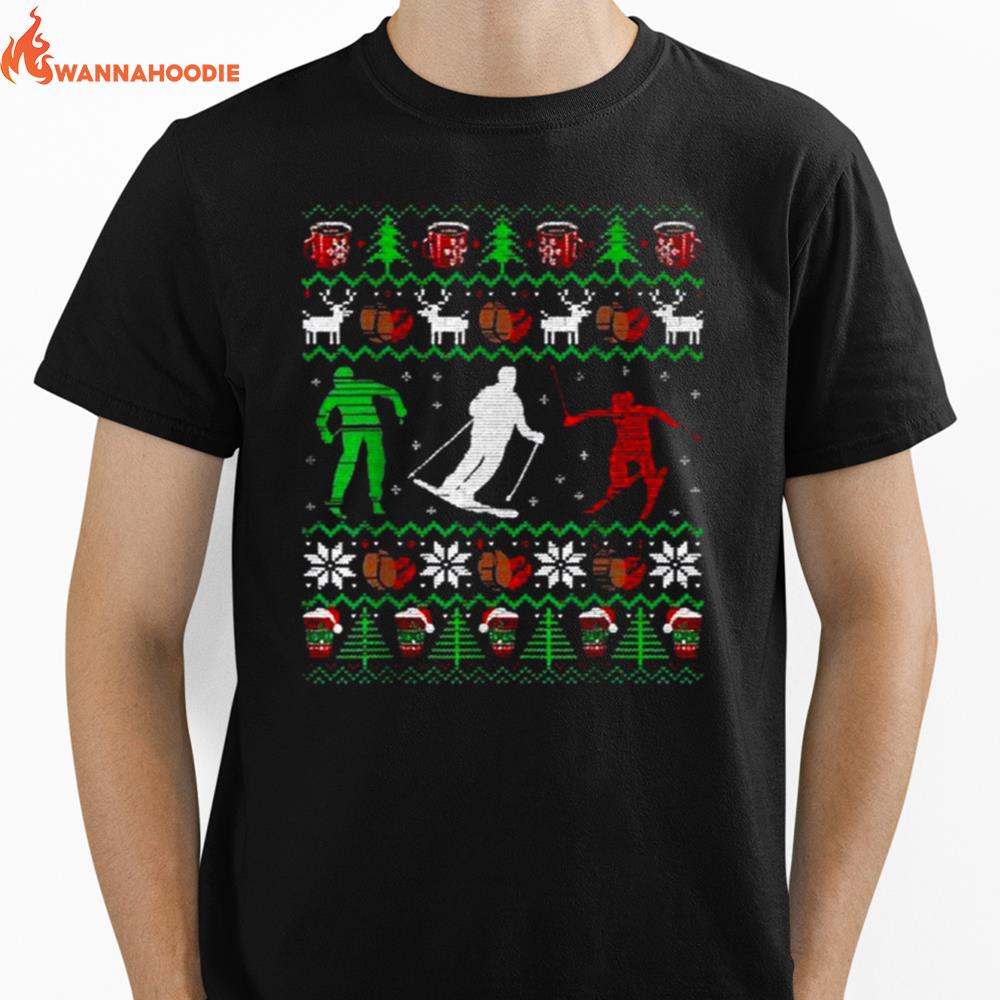 Skiing Coffee Ugly Christmas Unisex T-Shirt for Men Women