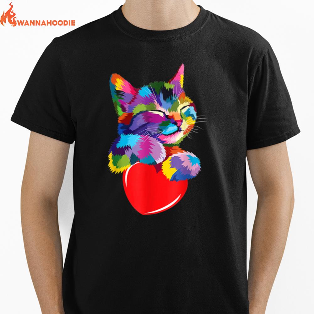 Smiling Cat Hug Heart Love Unisex T-Shirt for Men Women