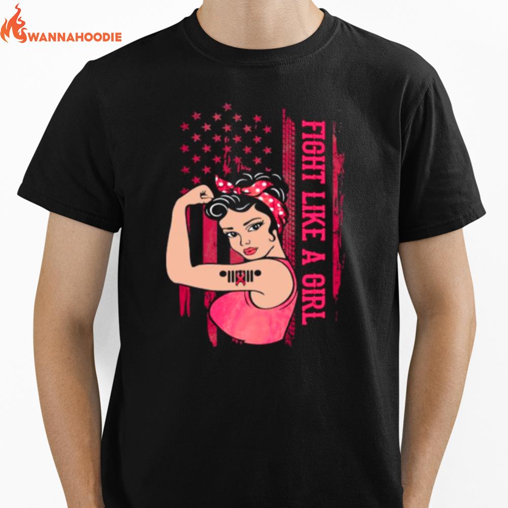 Strong Girl Fight Like A Girl American Flag With Cancer Awareness Unisex T-Shirt for Men Women