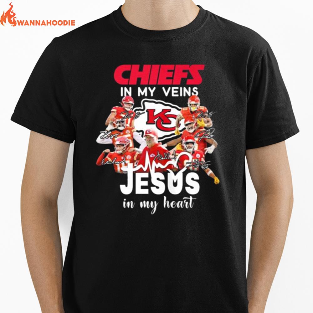 Super Bowl Lvii Champions Kansas City Chiefs In My Veins Jesus In My Heart Signatures Unisex T-Shirt for Men Women