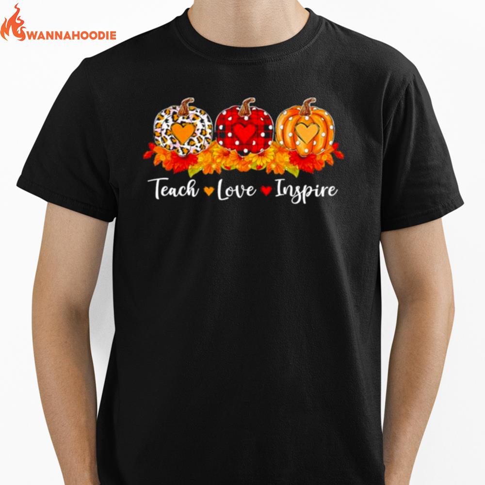 Teach Love Inspire Teacher Autumn Fall Leopard Plaid Pumpkin T Shirt Unisex T-Shirt for Men Women