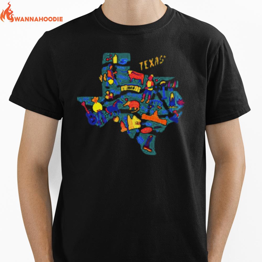 Texas Map With Landmarks Icons Set Traditional Symbols Unisex T-Shirt for Men Women