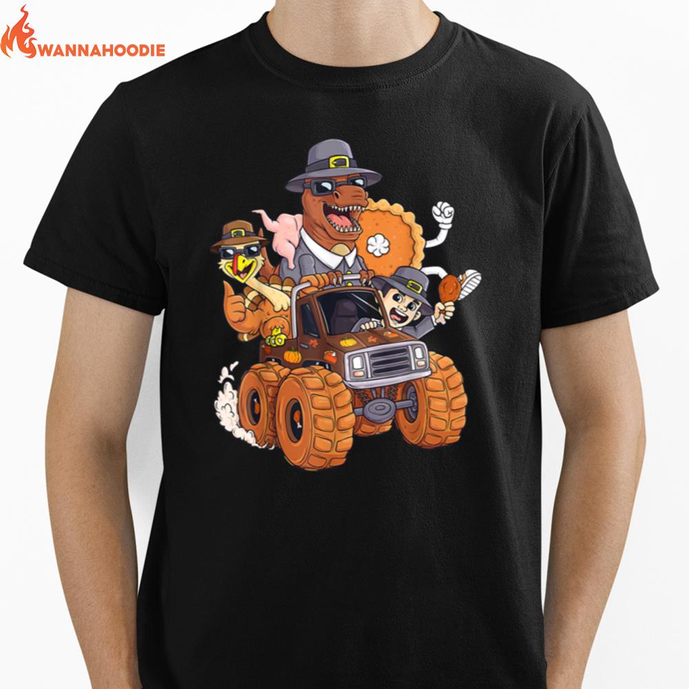 Thanksgiving Turkey Pie Pilgrim T Rex Riding Truck Boys Kids Unisex T-Shirt for Men Women