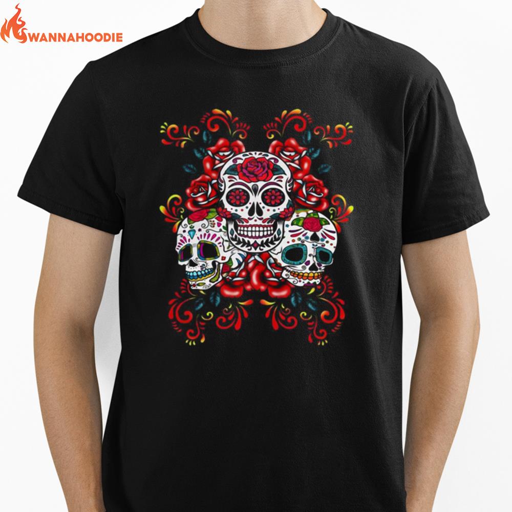 Triple Skull Red Floral Day Of The Dead Sugar Skulls Unisex T-Shirt for Men Women