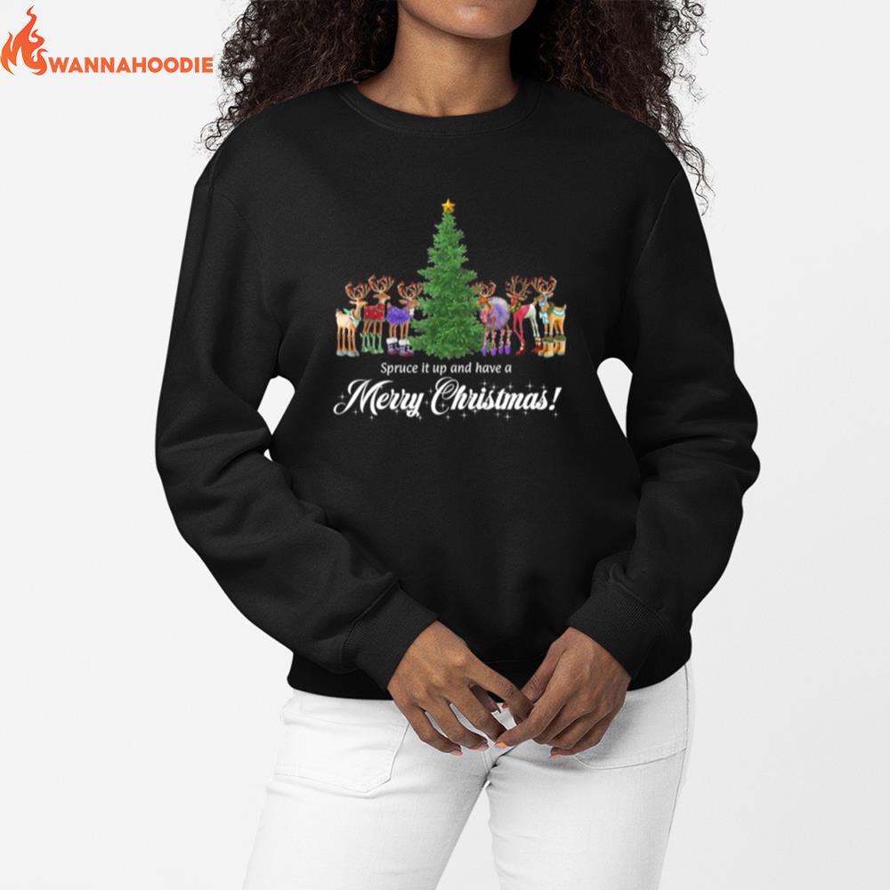 Whimsical Reindeer Spruce Tree Merry Christmas Unisex T-Shirt for Men Women