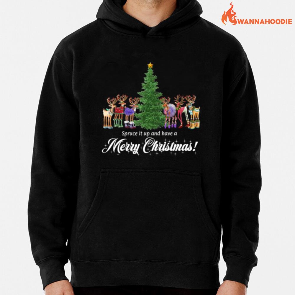 Whimsical Reindeer Spruce Tree Merry Christmas Unisex T-Shirt for Men Women